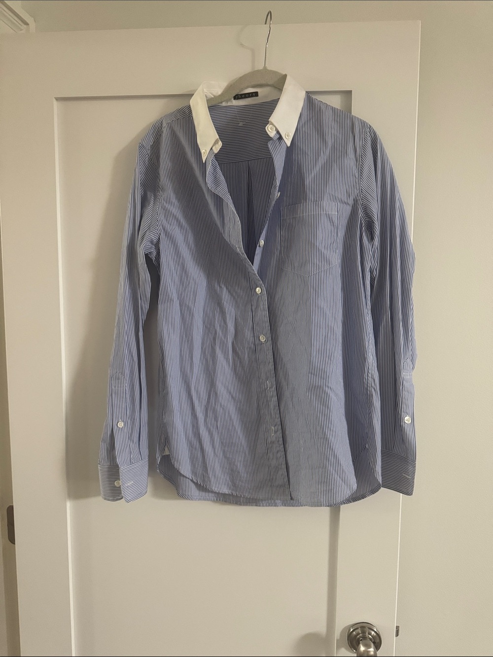 Theory Blue & White Striped Button-Down Shirt with White Collar